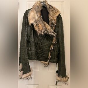 ROBERTO CAVALLI MAN RUNWAY 2005 ONE OF A KIND Green Leather Coyote Fur jacket 46